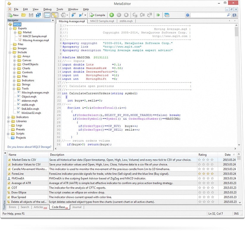 Editor embutido MetaEditor para desenvolver robôs de negociação, indicadores e scripts