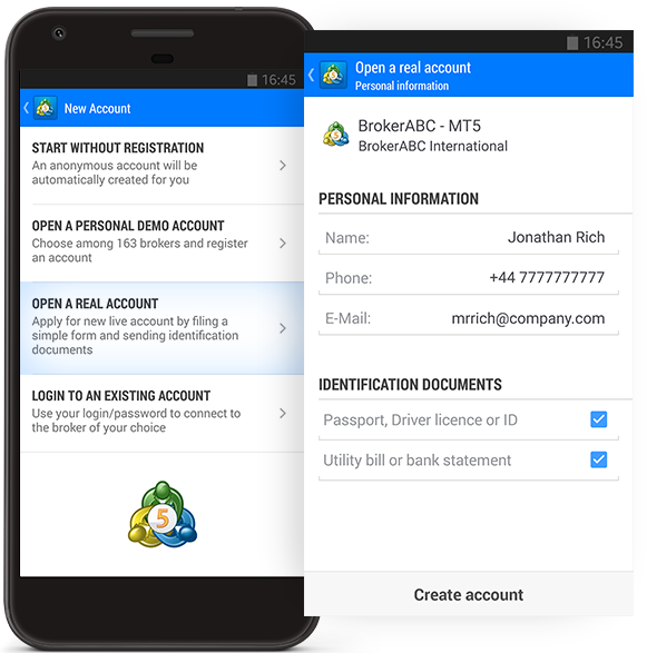 Упрощенный запрос на открытие реального счета в MetaTrader 5 Android build 1642