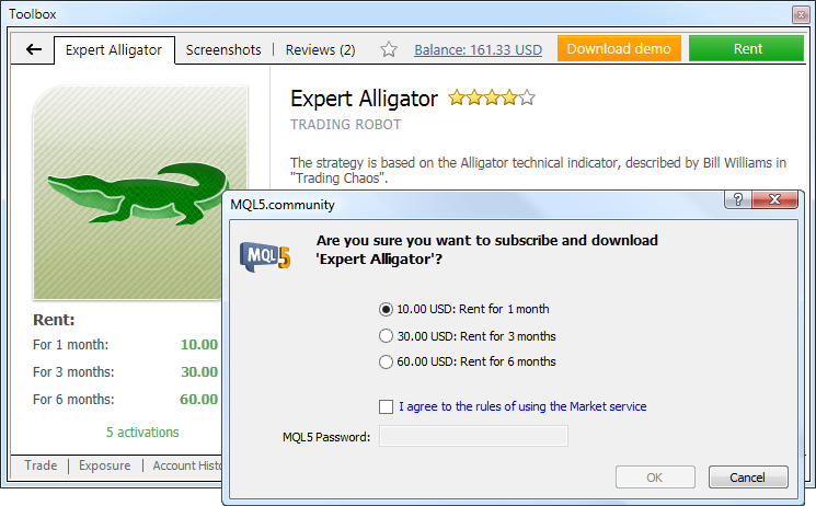 Rent an application directly from MetaTrader 4 Trading Platform