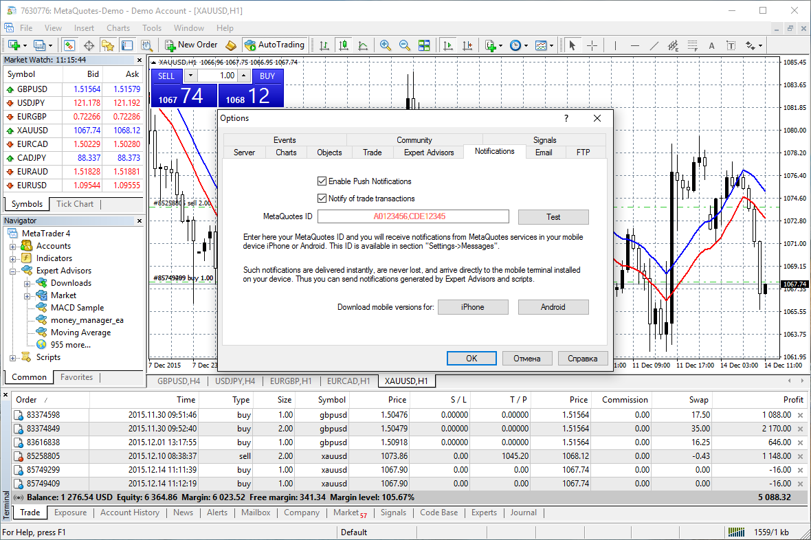 Su plataforma de escritorio MetaTrader 4 está integrada con la aplicación móvil MetaTrader 4 para Android y iOS. Indique su MetaQuotes ID para recibir directamente en su smartphone notificaciones push sobre sus robots y scripts iniciados