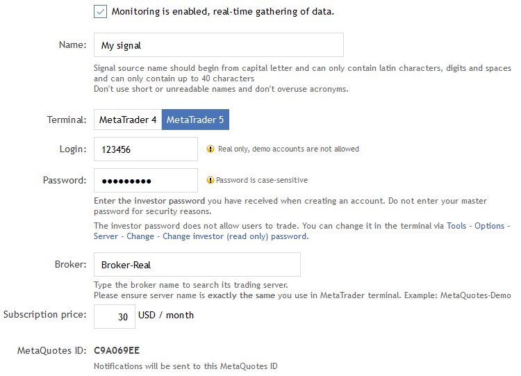 Signal registration form Signal registration form
