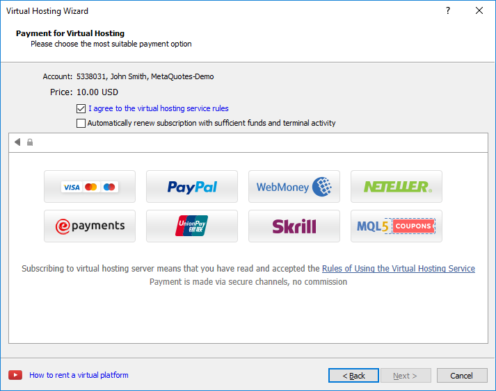Paying for virtual hosting straight from the payment systems