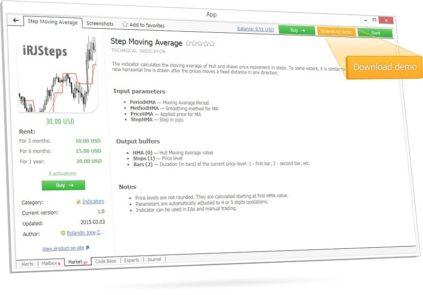 MetaTrader Marketでは、有料のロボットやインディケータにはそれぞれ無料のデモバージョンがついています