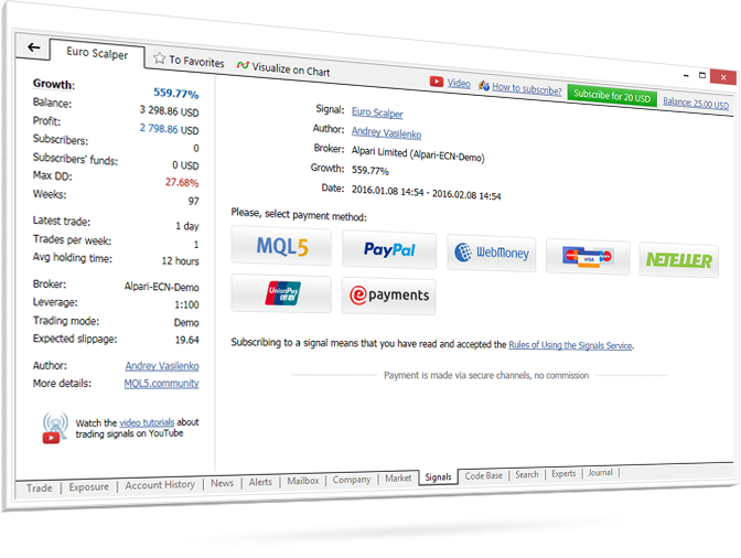 MetaTrader 4 accepts Visa, MasterCard, and UnionPay cards, as well as PayPal, WebMoney, Neteller, and ePayments MetaTrader 4 accepts Visa, MasterCard, and UnionPay cards, as well as PayPal, WebMoney, Neteller, and ePayments