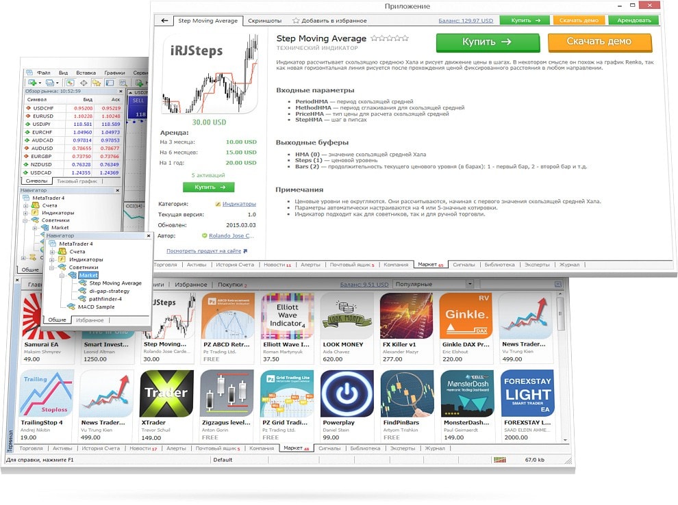 В маркете можно купить торговых роботов и индикаторы, не покидая MetaTrader 4