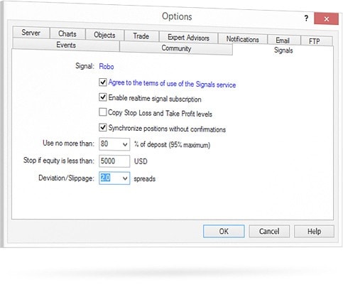 Vous pouvez limiter les risques dans les Options des Signaux de Trading et définir d'autres paramètres de copie