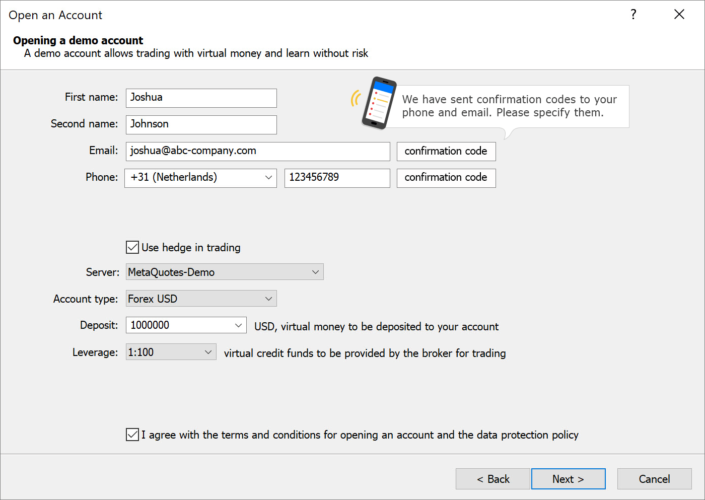 Phone and email verification in MetaTrader 5