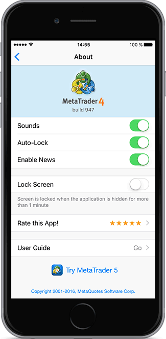 新版MetaTrader 4 iOS build 947 具有锁屏 PIN 码的功能