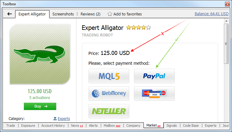 Rechargez votre compte MQL5.com directement depuis MetaTrader 4