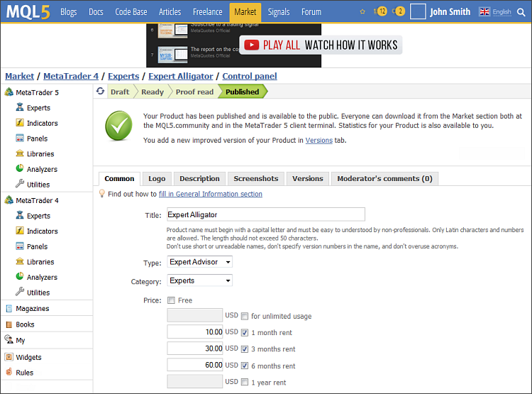 MetaTrader Market - The seller sets a rent price for his product