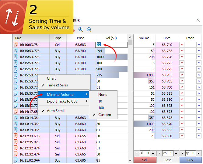 Sorting trades by volume in the Time and Sales function