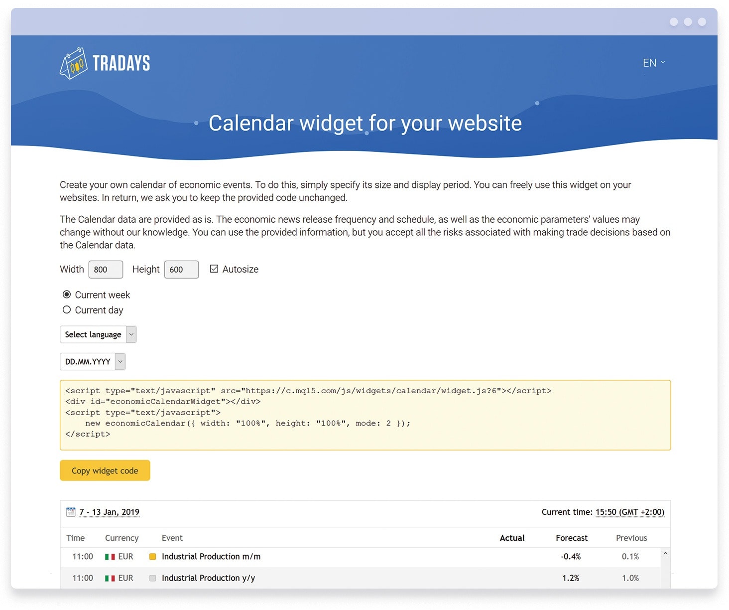 Widget do calendário econômico Tradays para websites