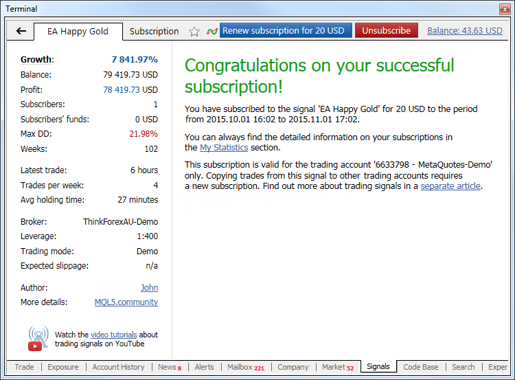 Successful subscription for a signal