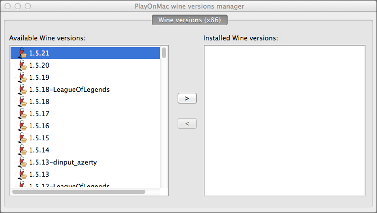 Wine versions available for installation
